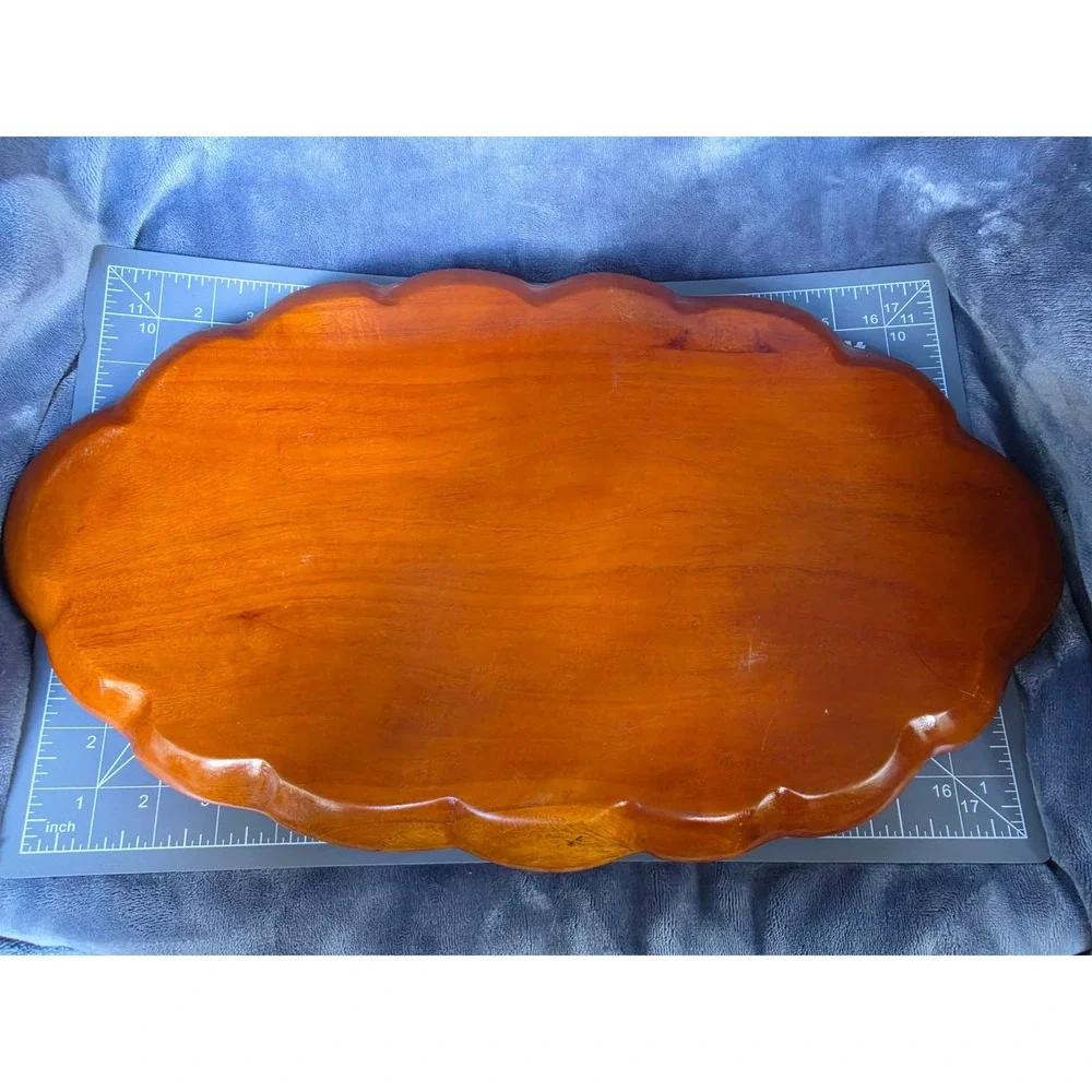 Vintage Haiti Hand Carved Wooden Tray Tropical Palm Tree Scalloped Platter